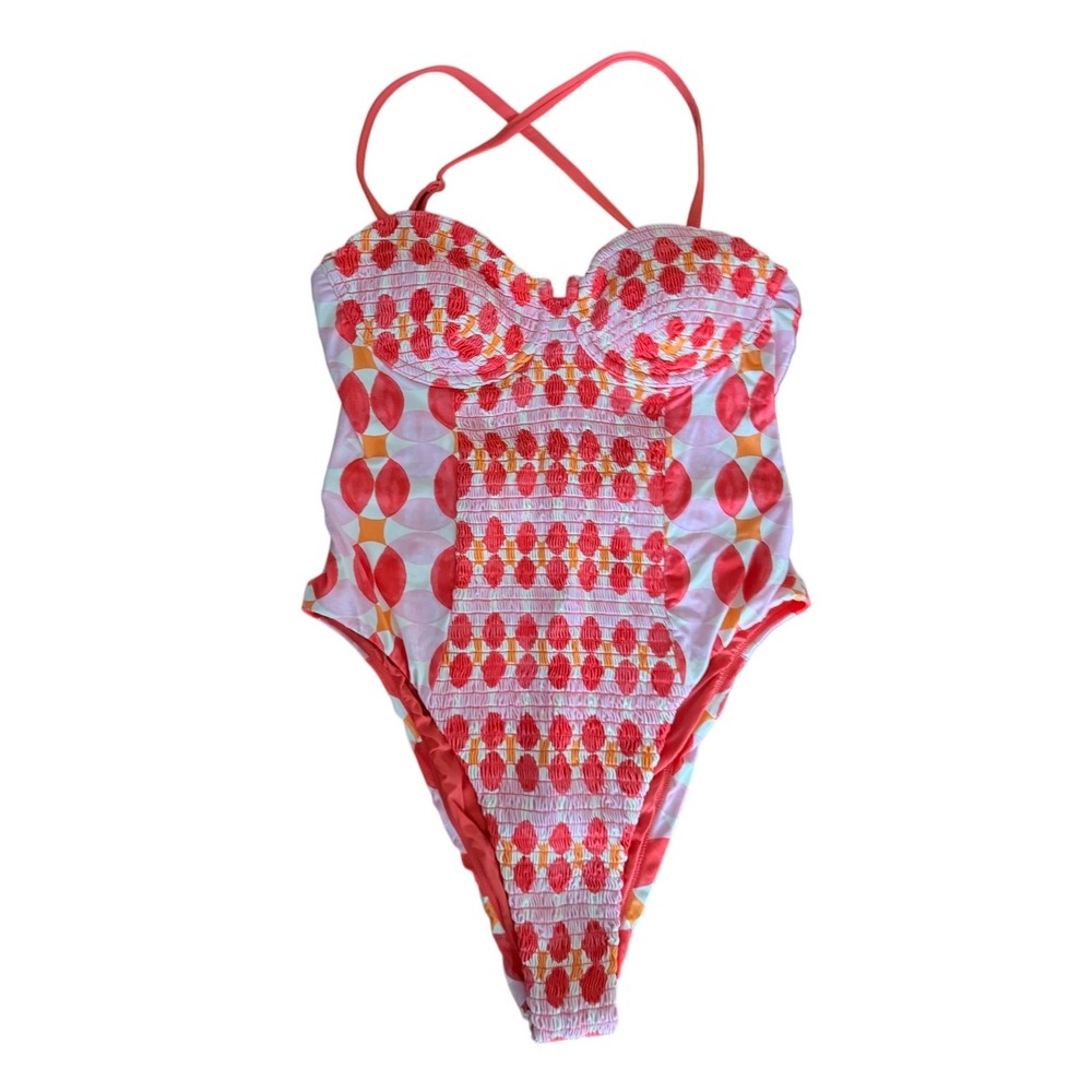 Maeve by Anthropologie Smocked Geometric One Piece Swimsuit Coral Pink Large